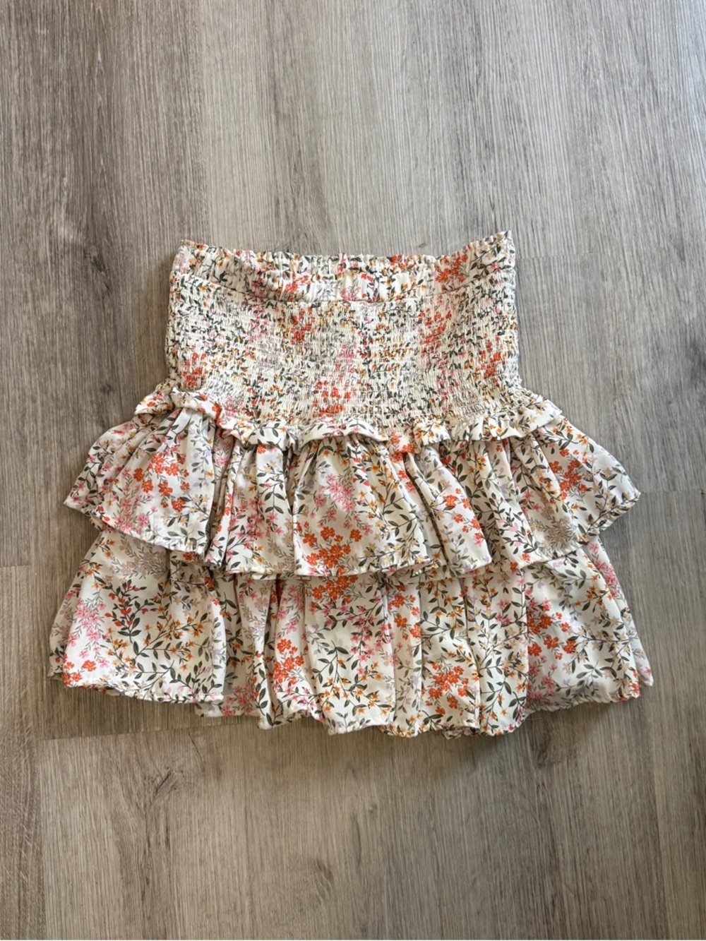 Smocked Tiered Floral Mini Skirt - Cream with Pink & Orange Floral